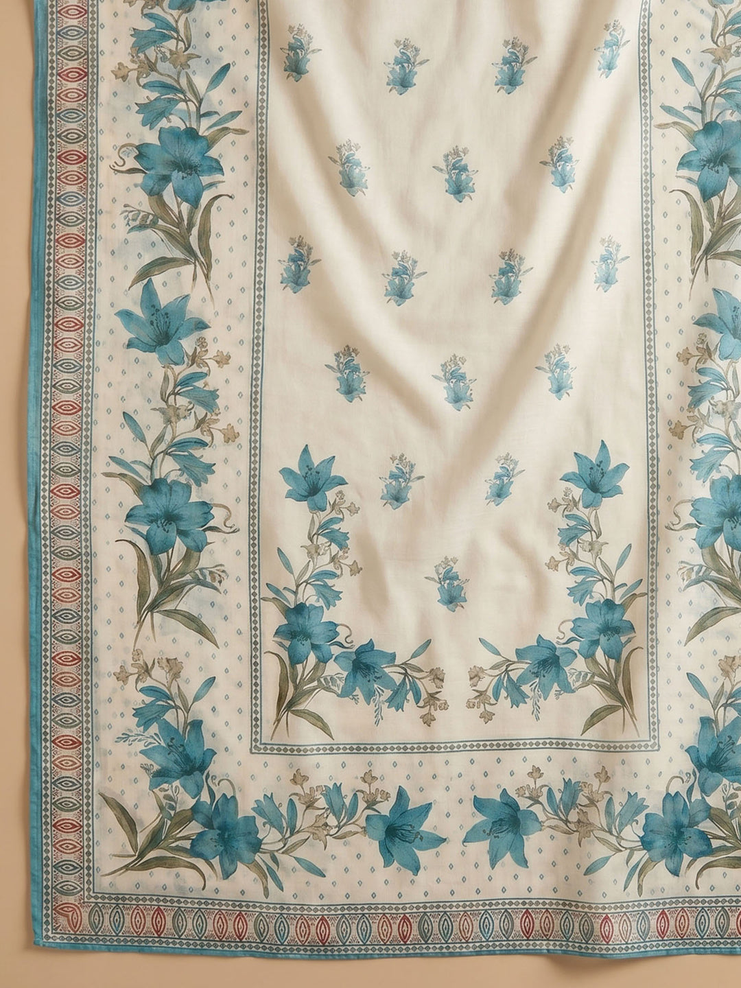 Cream Sea Green Embroidered Cotton Blend Unstitched Suit &amp; Pant With Cotton Dupatta