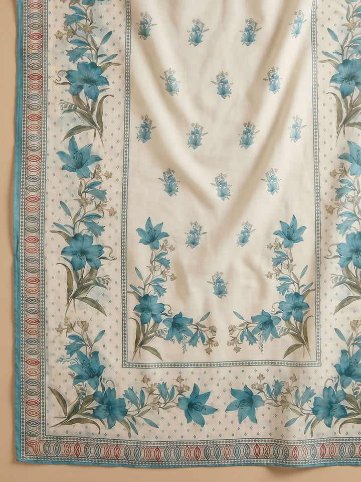 Cream Sea Green Embroidered Cotton Blend Unstitched Suit &amp; Pant With Cotton Dupatta