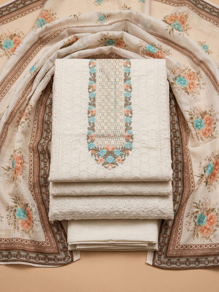 Cream Green Embroidered Cotton Blend Unstitched Suit &amp; Pant With Cotton Dupatta