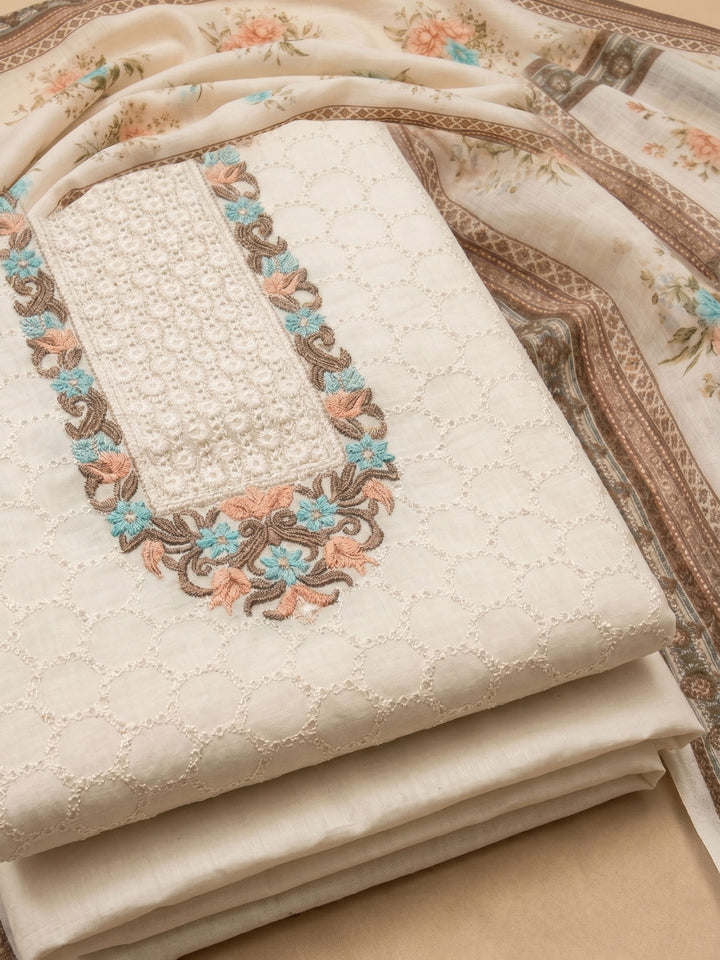 Cream Green Embroidered Cotton Blend Unstitched Suit &amp; Pant With Cotton Dupatta