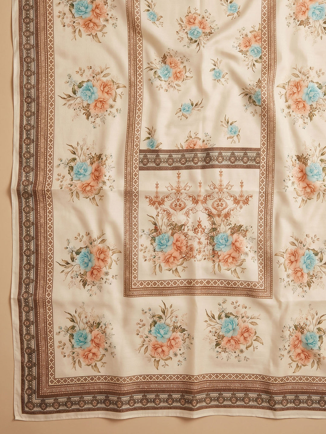 Cream Green Embroidered Cotton Blend Unstitched Suit &amp; Pant With Cotton Dupatta