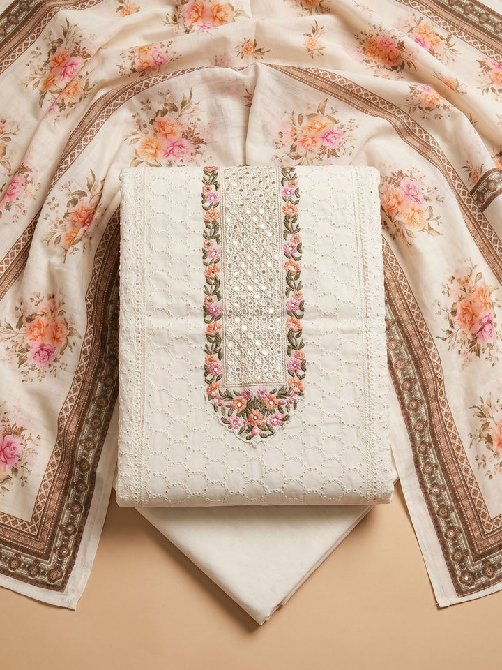 Cream Orange Embroidered Cotton Blend Unstitched Suit &amp; Pant With Cotton Dupatta