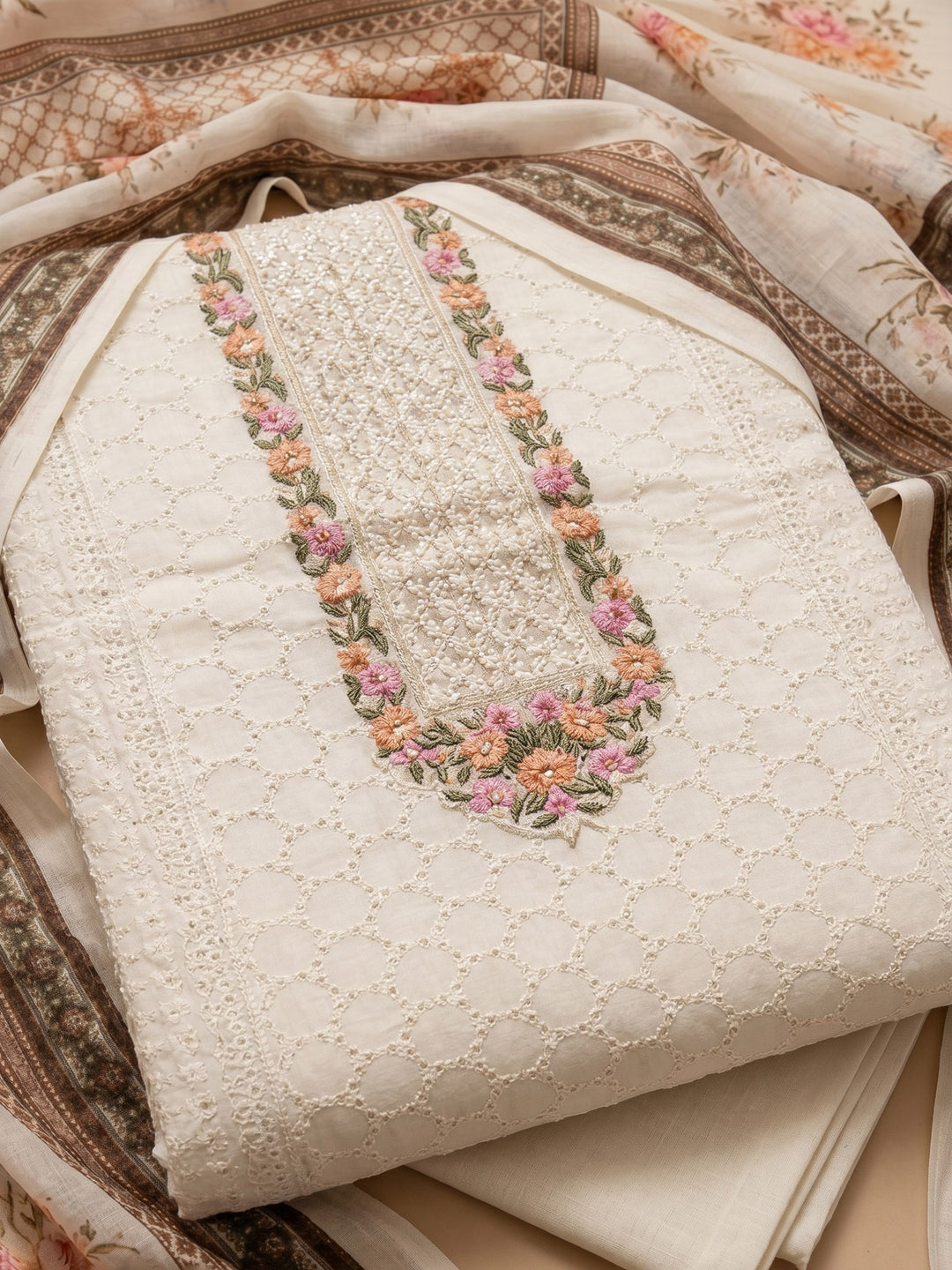 Cream Orange Embroidered Cotton Blend Unstitched Suit &amp; Pant With Cotton Dupatta