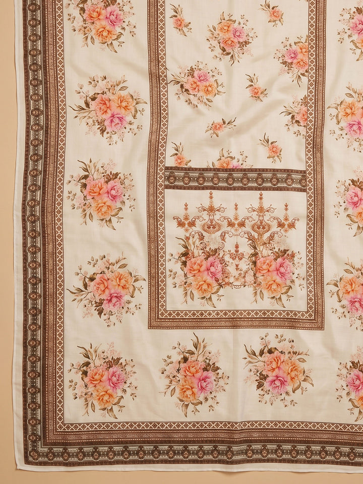 Cream Orange Embroidered Cotton Blend Unstitched Suit &amp; Pant With Cotton Dupatta