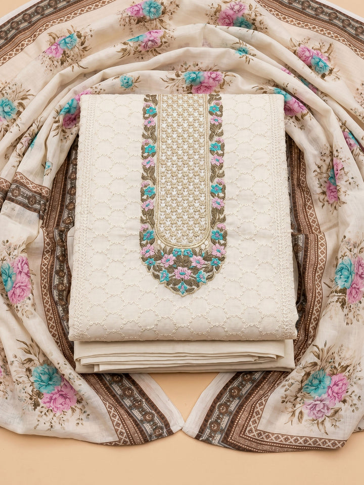 Cream Pink Embroidered Cotton Blend Unstitched Suit &amp; Pant With Cotton Dupatta