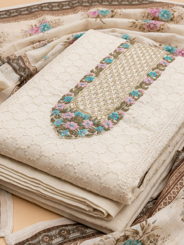 Cream Pink Embroidered Cotton Blend Unstitched Suit &amp; Pant With Cotton Dupatta