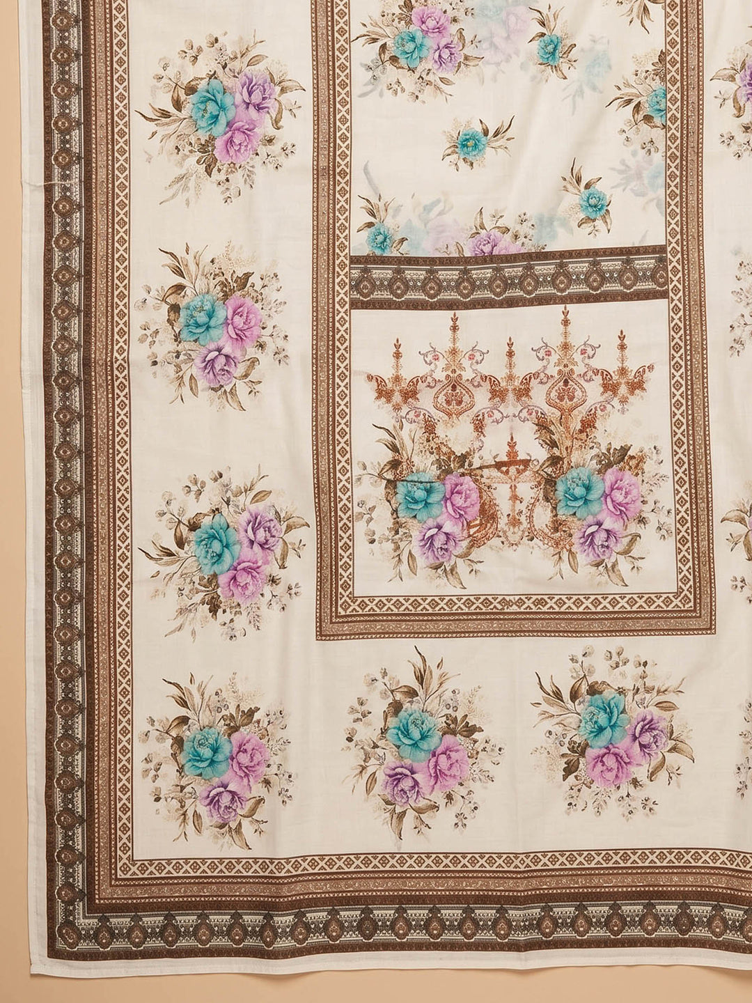 Cream Pink Embroidered Cotton Blend Unstitched Suit &amp; Pant With Cotton Dupatta