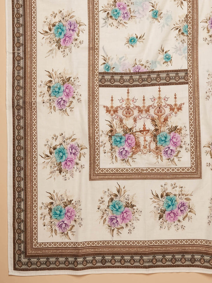 Cream Pink Embroidered Cotton Blend Unstitched Suit &amp; Pant With Cotton Dupatta