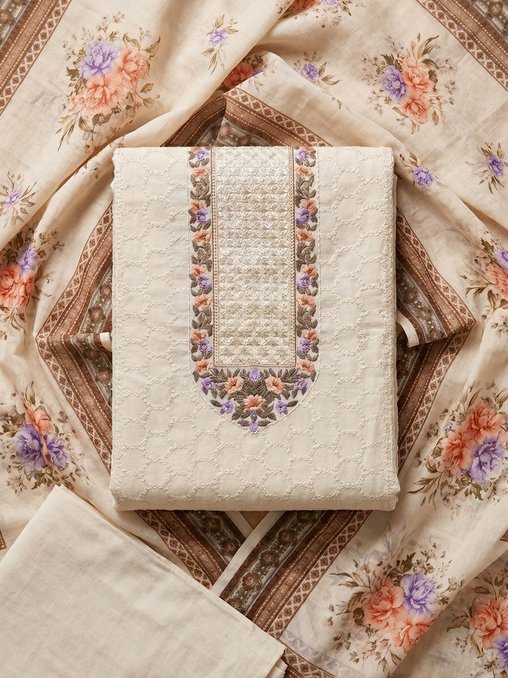 Cream Purple Embroidered Cotton Blend Unstitched Suit &amp; Pant With Cotton Dupatta