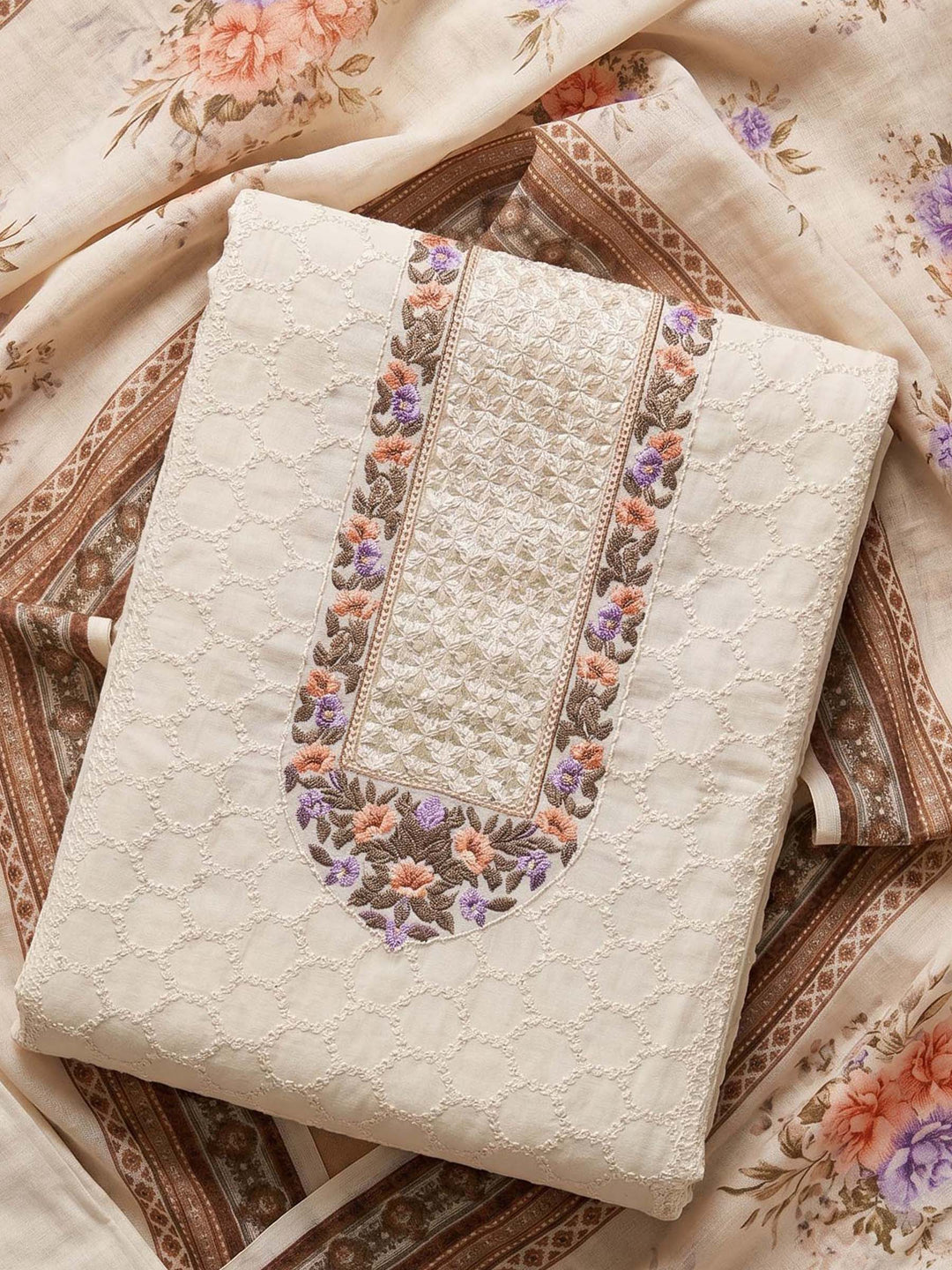 Cream Purple Embroidered Cotton Blend Unstitched Suit &amp; Pant With Cotton Dupatta