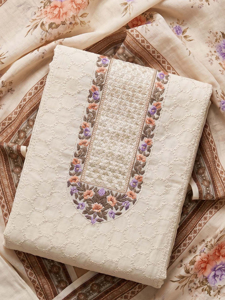 Cream Purple Embroidered Cotton Blend Unstitched Suit &amp; Pant With Cotton Dupatta