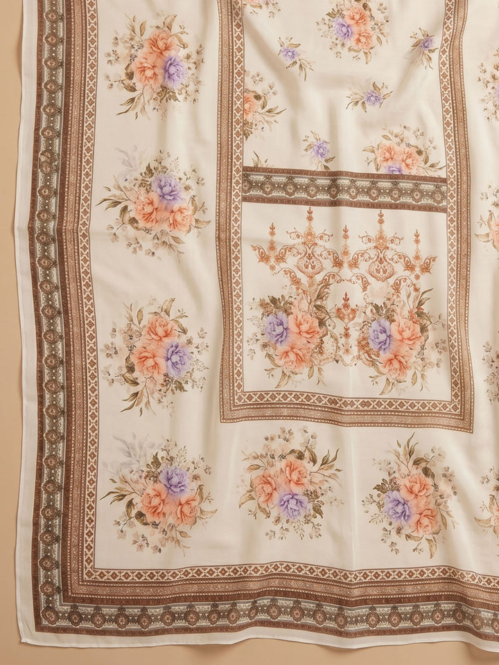 Cream Purple Embroidered Cotton Blend Unstitched Suit &amp; Pant With Cotton Dupatta