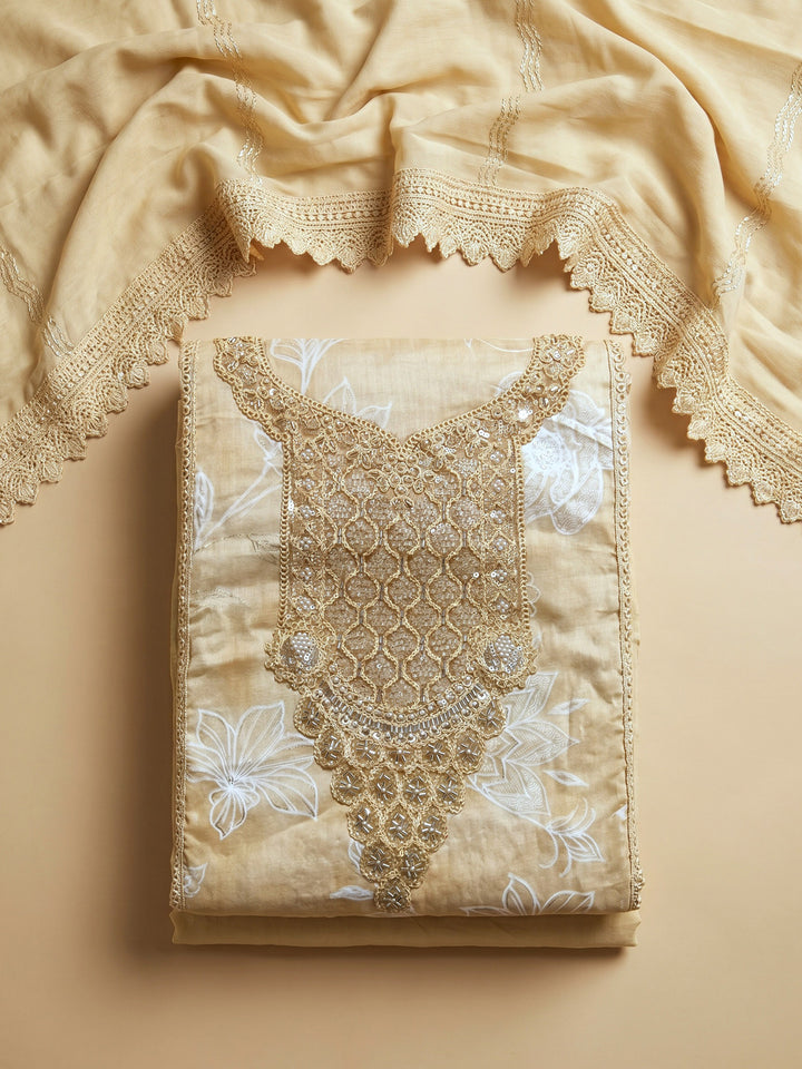 Beige Embroidered Cotton Blend Unstitched Suit With Pant &amp; Dupatta