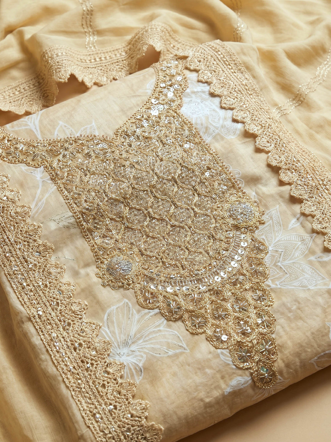Beige Embroidered Cotton Blend Unstitched Suit With Pant &amp; Dupatta