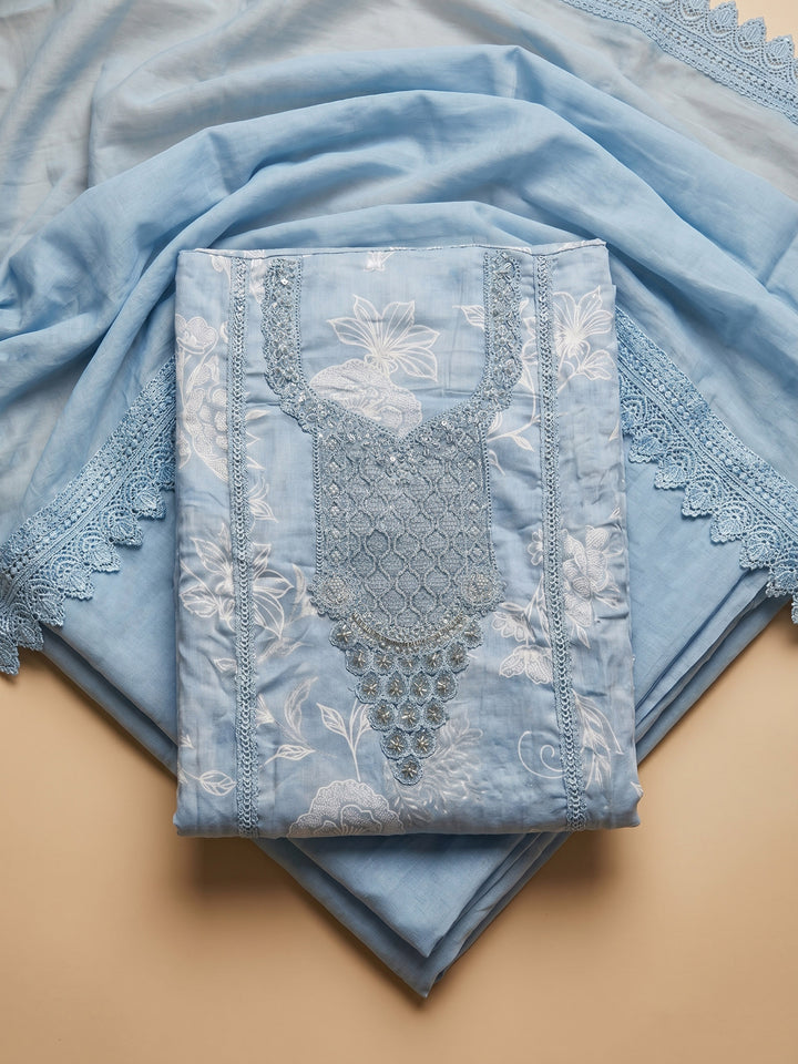 Blue Embroidered Cotton Blend Unstitched Suit With Pant &amp; Dupatta