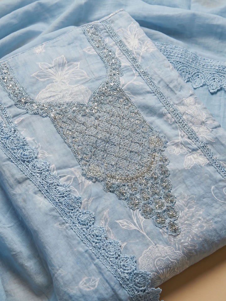 Blue Embroidered Cotton Blend Unstitched Suit With Pant &amp; Dupatta