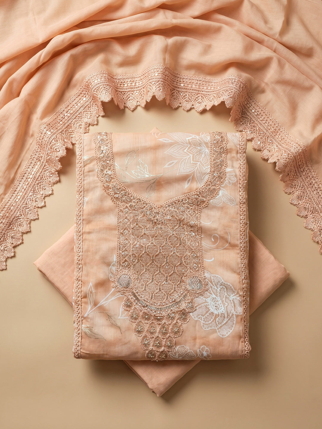 Peach Embroidered Cotton Blend Unstitched Suit With Pant &amp; Dupatta