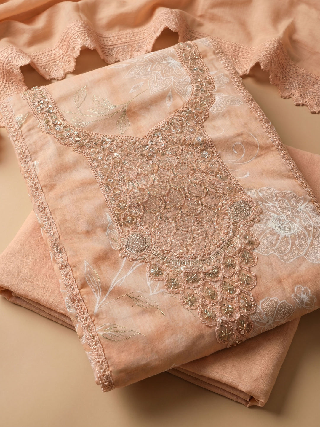 Peach Embroidered Cotton Blend Unstitched Suit With Pant &amp; Dupatta