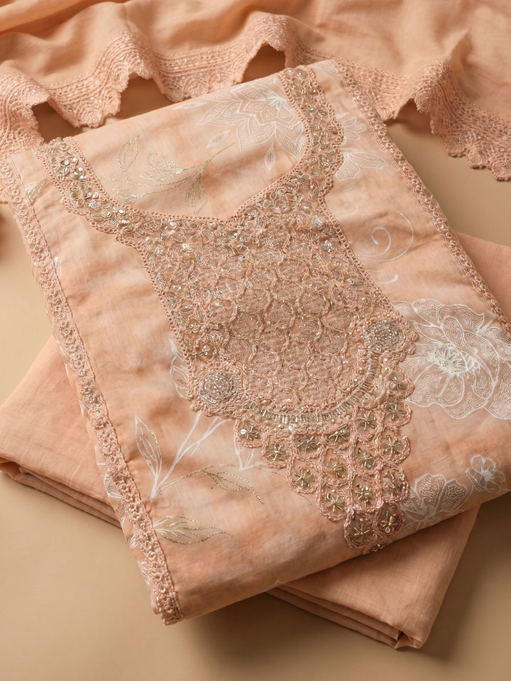 Peach Embroidered Cotton Blend Unstitched Suit With Pant &amp; Dupatta