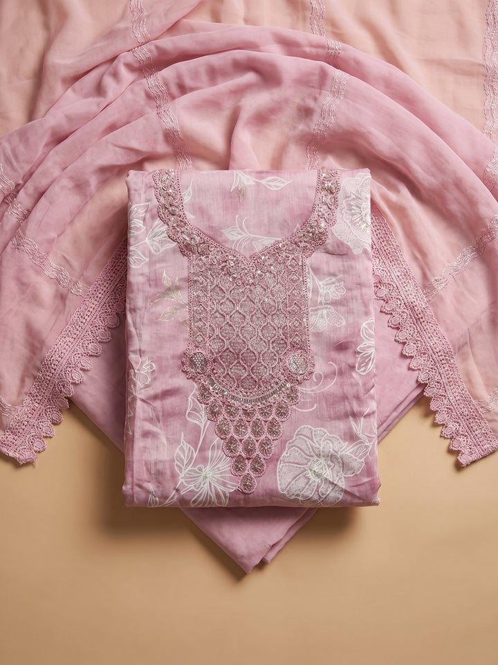 Pink Embroidered Cotton Blend Unstitched Suit With Pant &amp; Dupatta