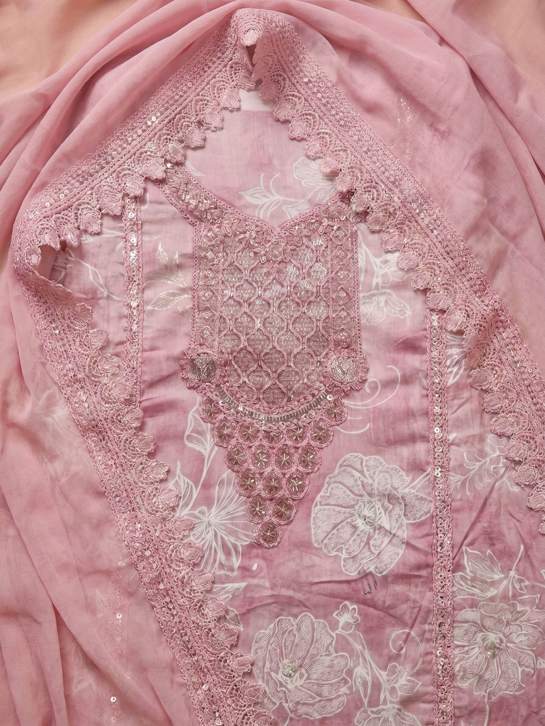Pink Embroidered Cotton Blend Unstitched Suit With Pant &amp; Dupatta