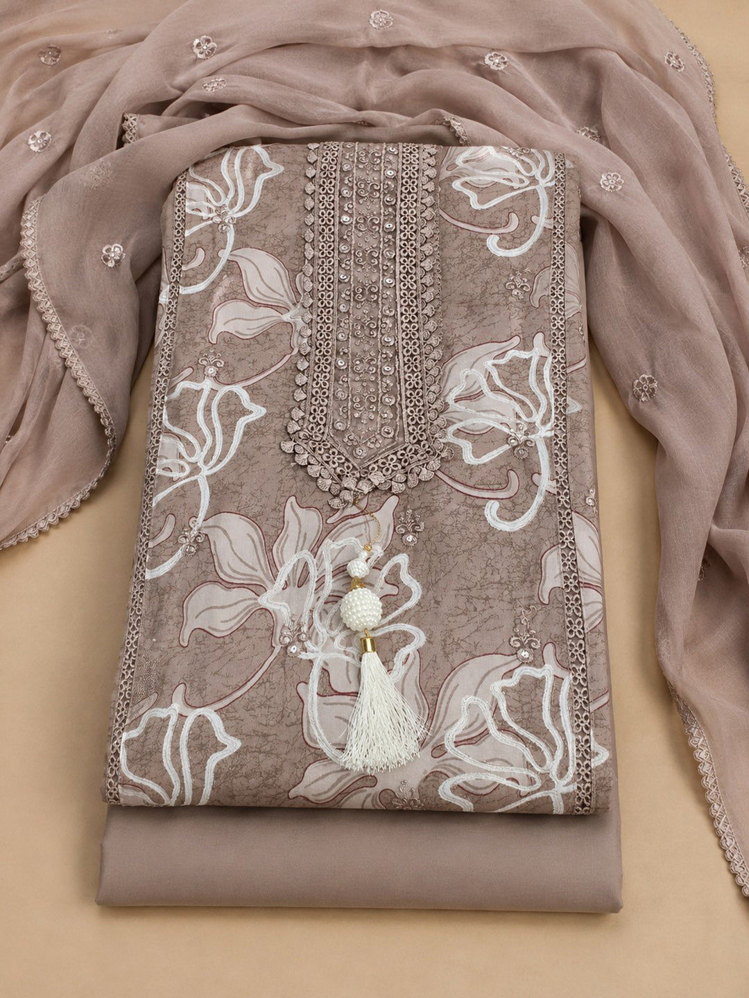 Brick Embroidered Cotton Blend Unstitched Suit &amp; Pant With Cotton Dupatta