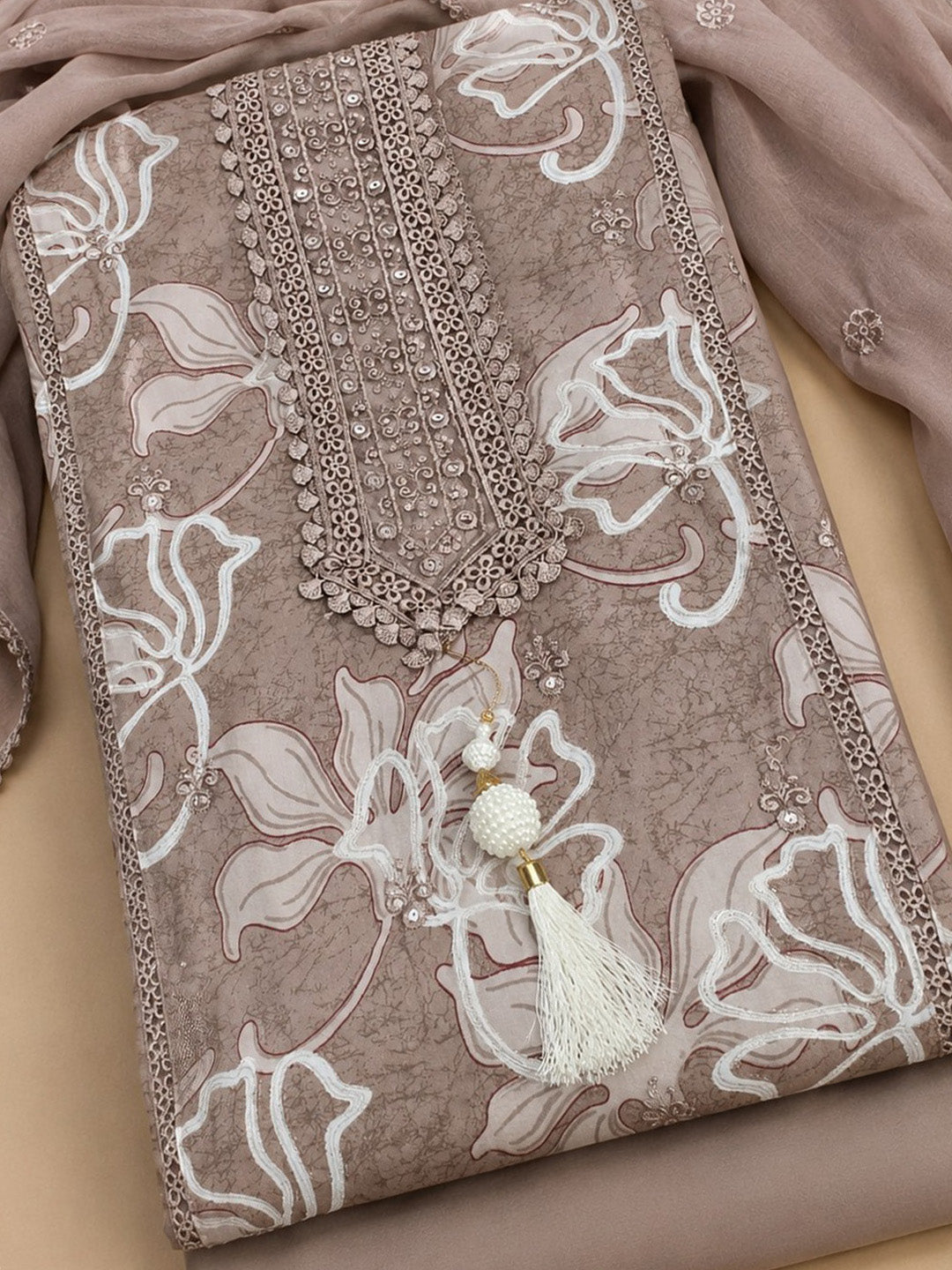 Brick Embroidered Cotton Blend Unstitched Suit &amp; Pant With Cotton Dupatta