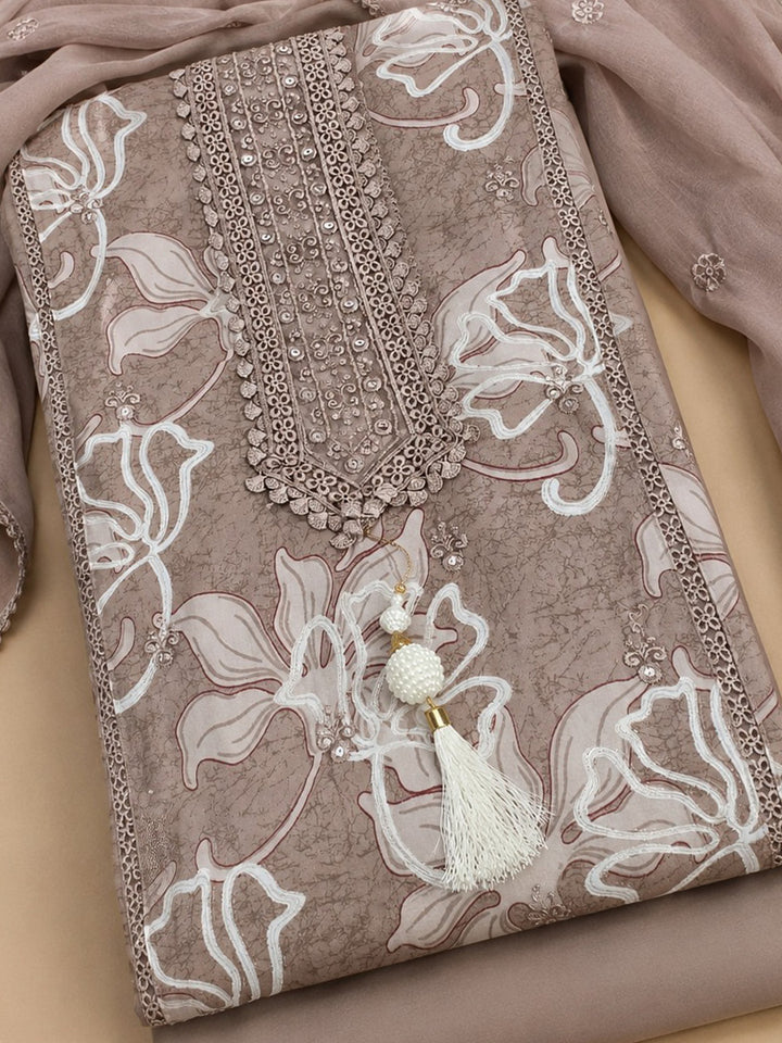 Brick Embroidered Cotton Blend Unstitched Suit &amp; Pant With Cotton Dupatta
