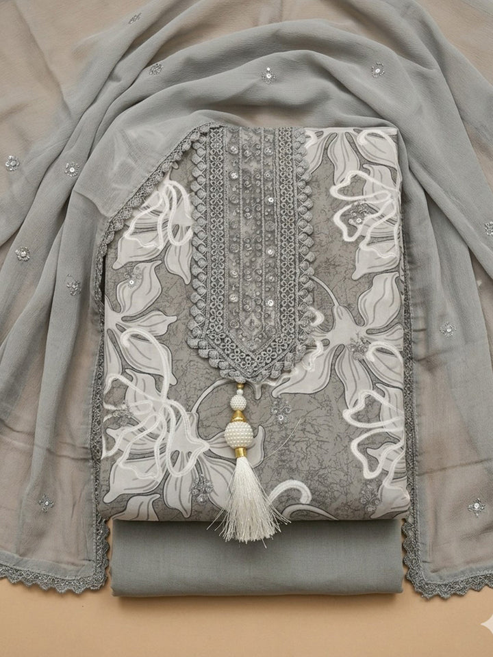 Grey Embroidered Cotton Blend Unstitched Suit &amp; Pant With Cotton Dupatta