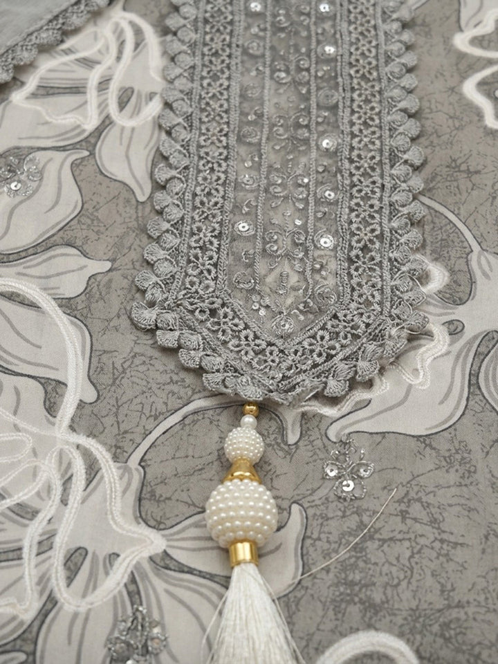 Grey Embroidered Cotton Blend Unstitched Suit &amp; Pant With Cotton Dupatta