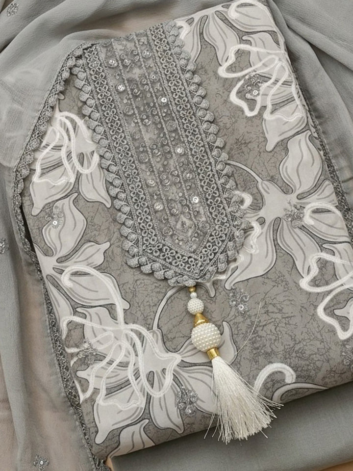 Grey Embroidered Cotton Blend Unstitched Suit &amp; Pant With Cotton Dupatta