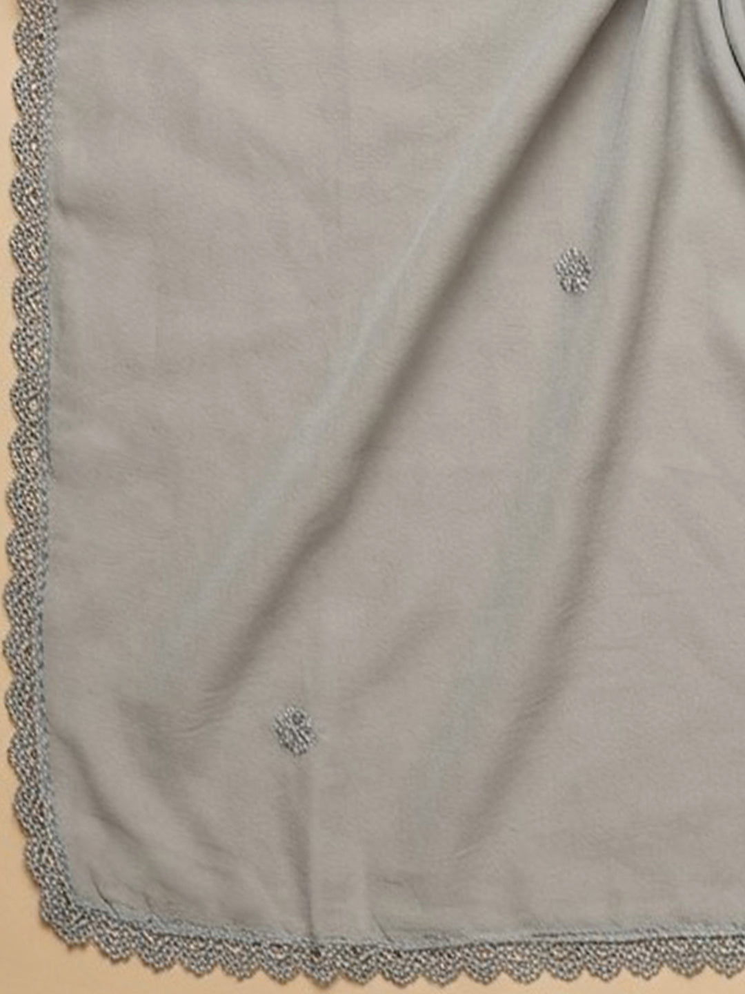 Grey Embroidered Cotton Blend Unstitched Suit &amp; Pant With Cotton Dupatta