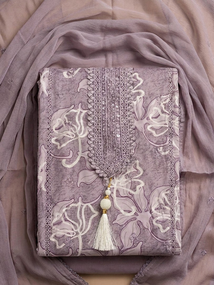 Lavender Embroidered Cotton Blend Unstitched Suit &amp; Pant With Cotton Dupatta