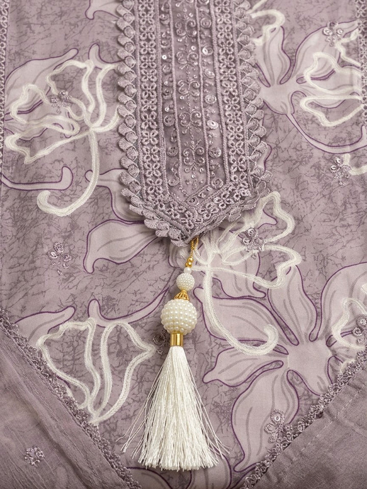 Lavender Embroidered Cotton Blend Unstitched Suit &amp; Pant With Cotton Dupatta