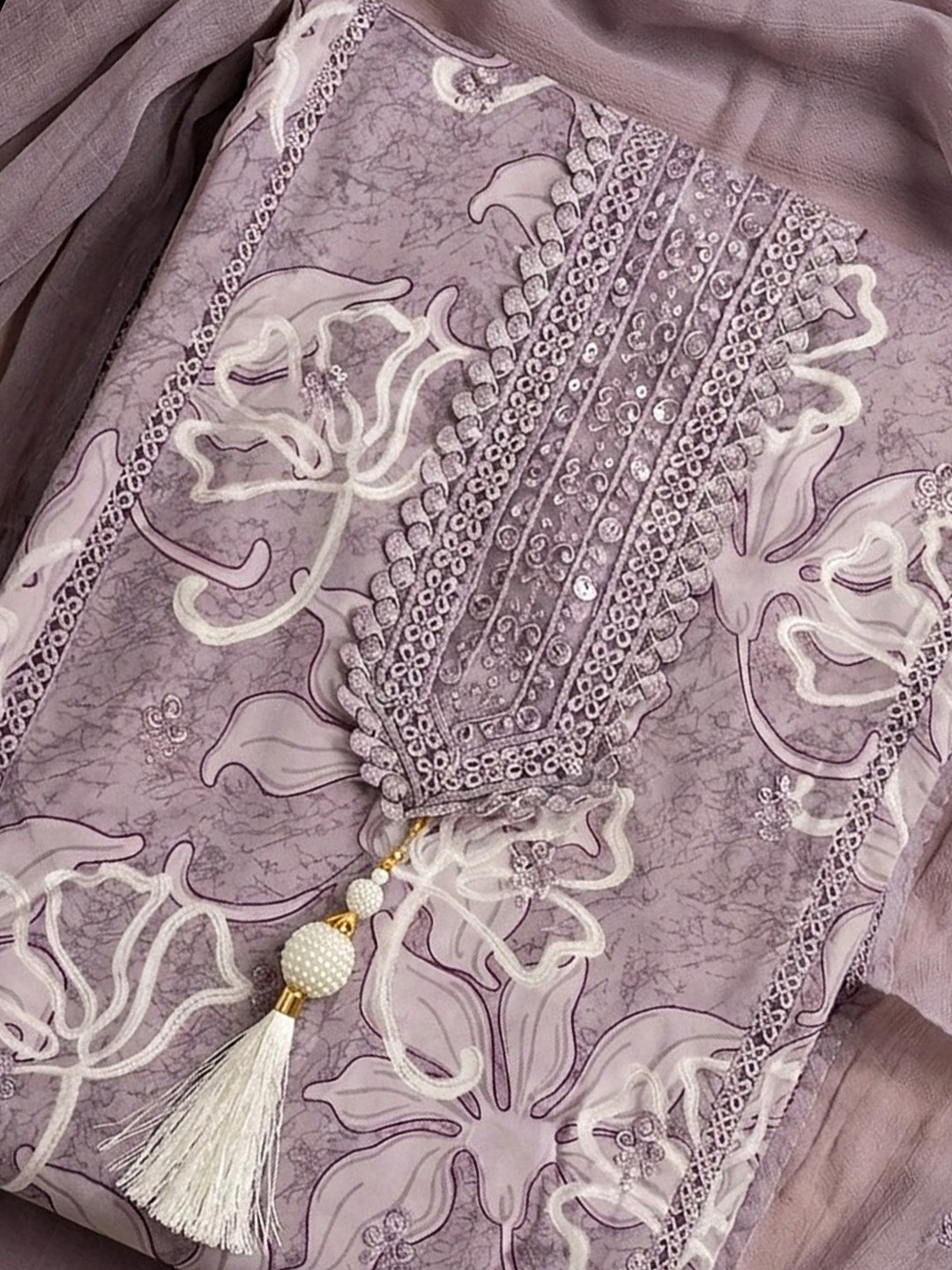 Lavender Embroidered Cotton Blend Unstitched Suit &amp; Pant With Cotton Dupatta