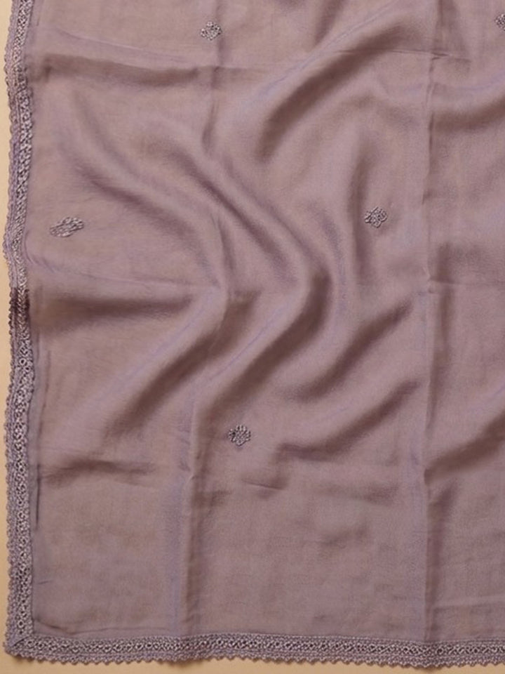 Lavender Embroidered Cotton Blend Unstitched Suit &amp; Pant With Cotton Dupatta