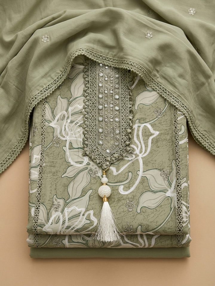 Pista Green Embroidered Cotton Blend Unstitched Suit &amp; Pant With Cotton Dupatta