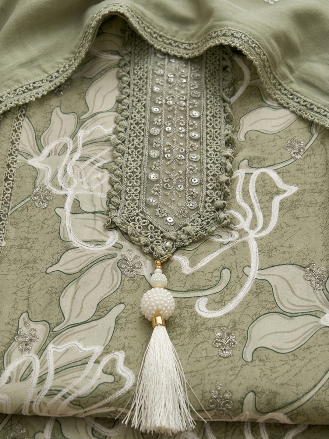 Pista Green Embroidered Cotton Blend Unstitched Suit &amp; Pant With Cotton Dupatta