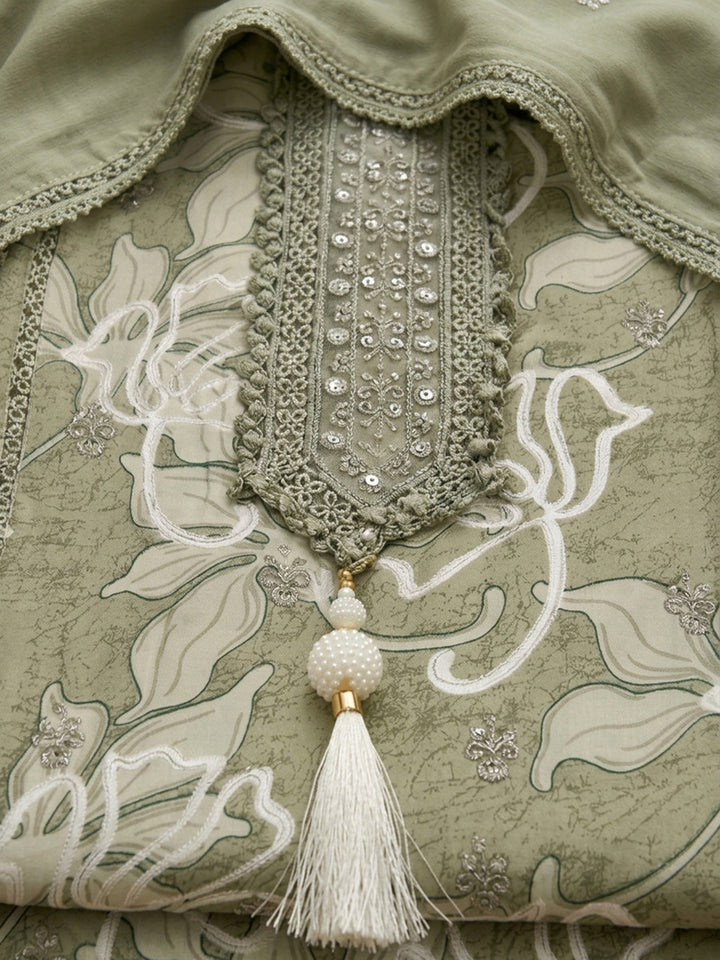 Pista Green Embroidered Cotton Blend Unstitched Suit &amp; Pant With Cotton Dupatta