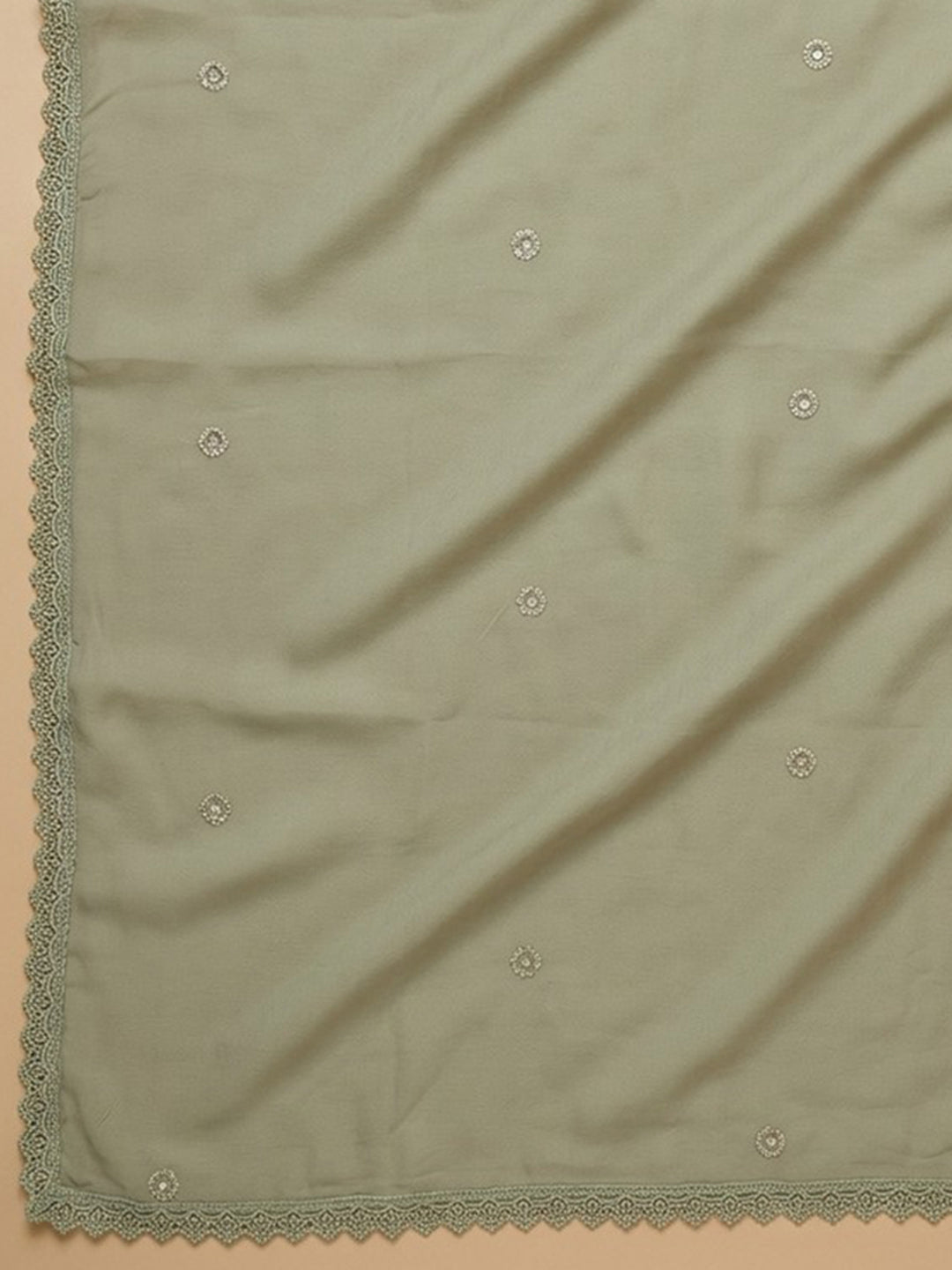 Pista Green Embroidered Cotton Blend Unstitched Suit &amp; Pant With Cotton Dupatta