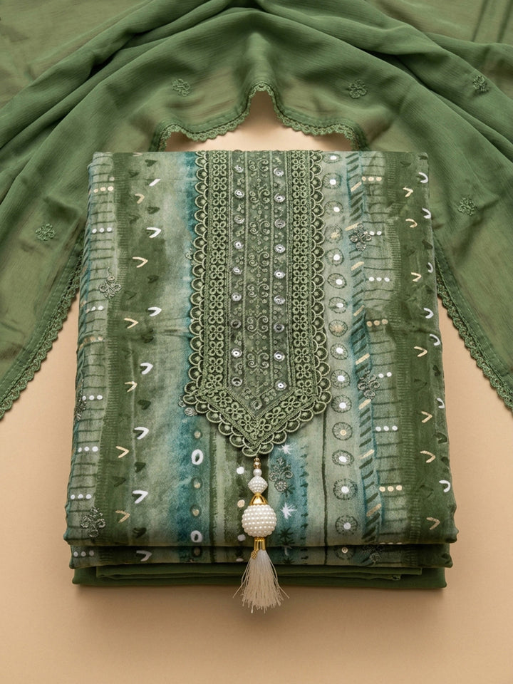 Green Embroidered Cotton Blend Unstitched Suit &amp; Pant With Cotton Dupatta