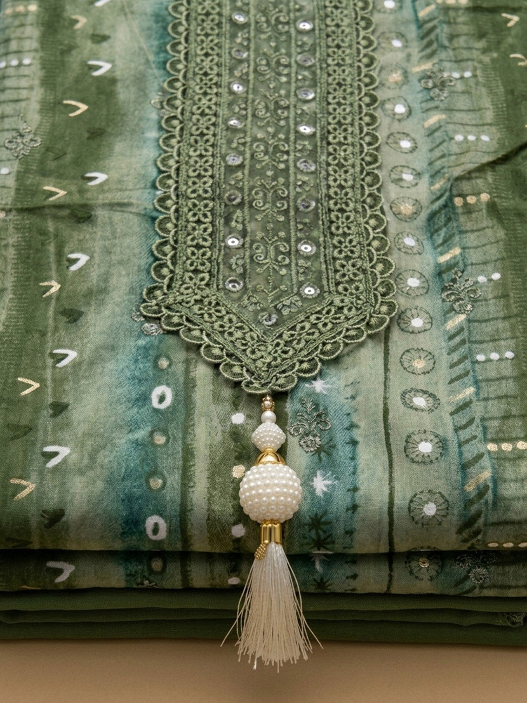 Green Embroidered Cotton Blend Unstitched Suit &amp; Pant With Cotton Dupatta