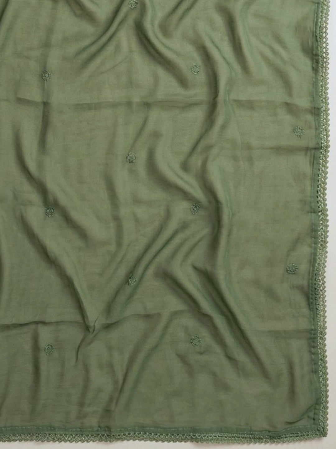 Green Embroidered Cotton Blend Unstitched Suit &amp; Pant With Cotton Dupatta