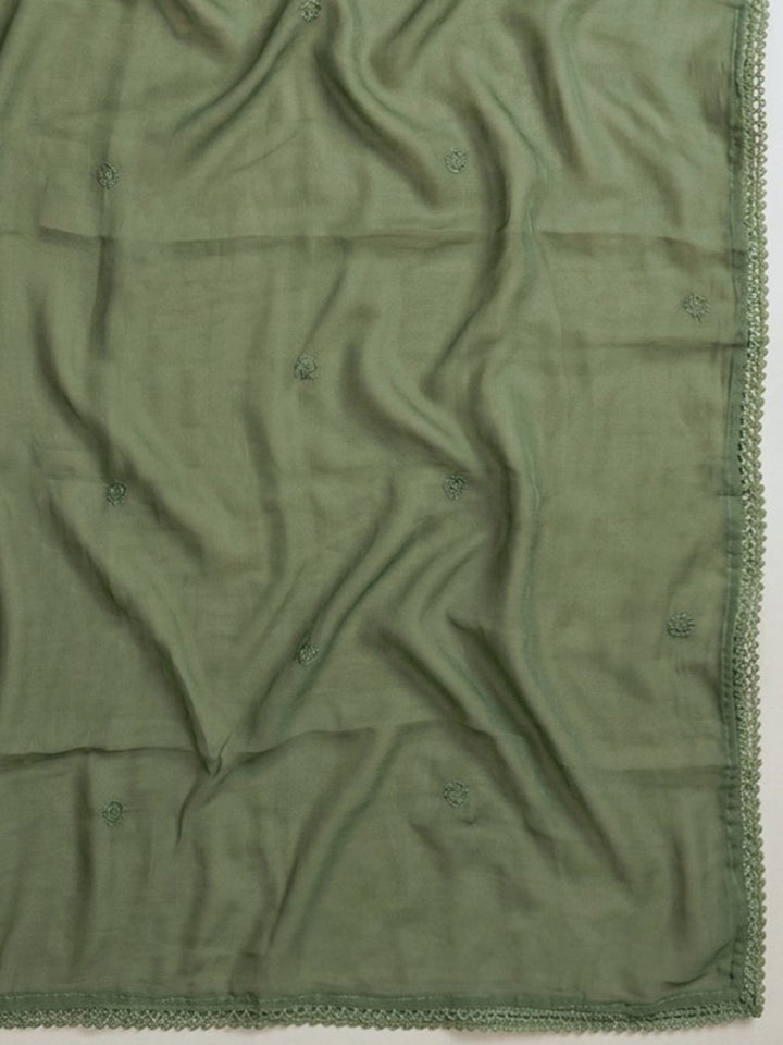 Green Embroidered Cotton Blend Unstitched Suit &amp; Pant With Cotton Dupatta