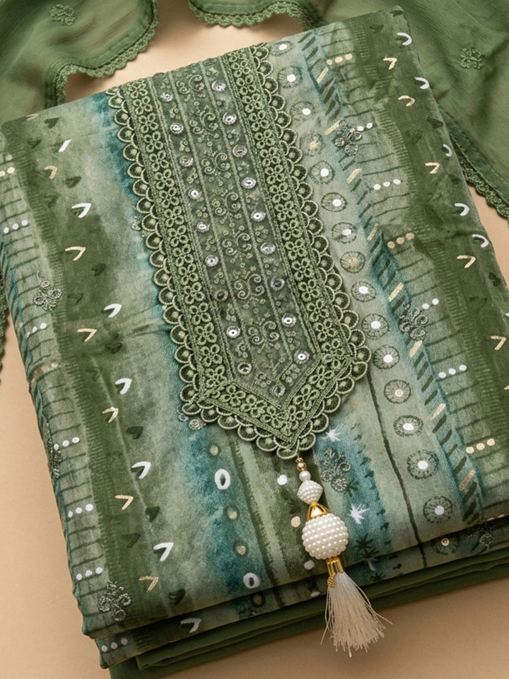 Green Embroidered Cotton Blend Unstitched Suit &amp; Pant With Cotton Dupatta