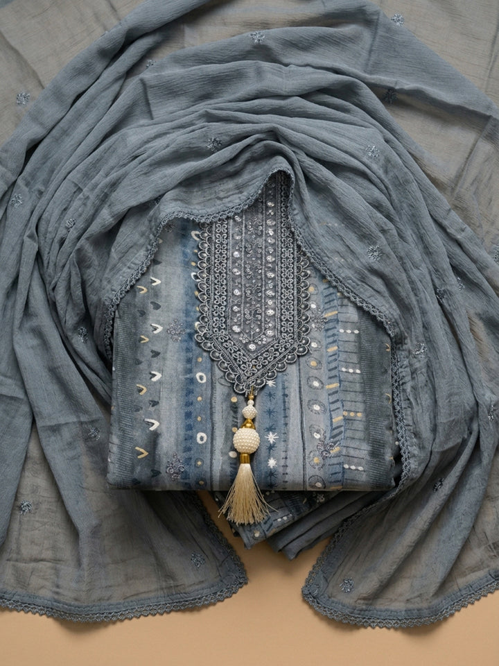 Grey Embroidered Cotton Blend Unstitched Suit &amp; Pant With Cotton Dupatta