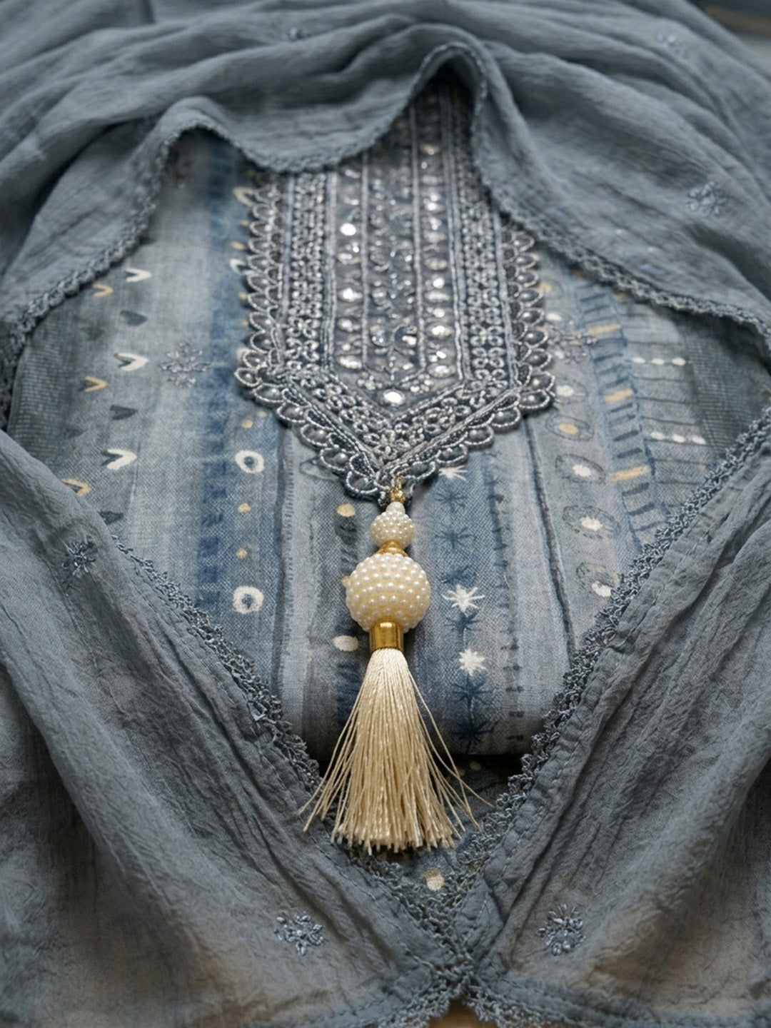 Grey Embroidered Cotton Blend Unstitched Suit &amp; Pant With Cotton Dupatta