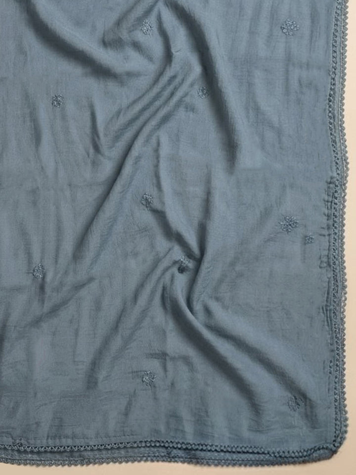 Grey Embroidered Cotton Blend Unstitched Suit &amp; Pant With Cotton Dupatta