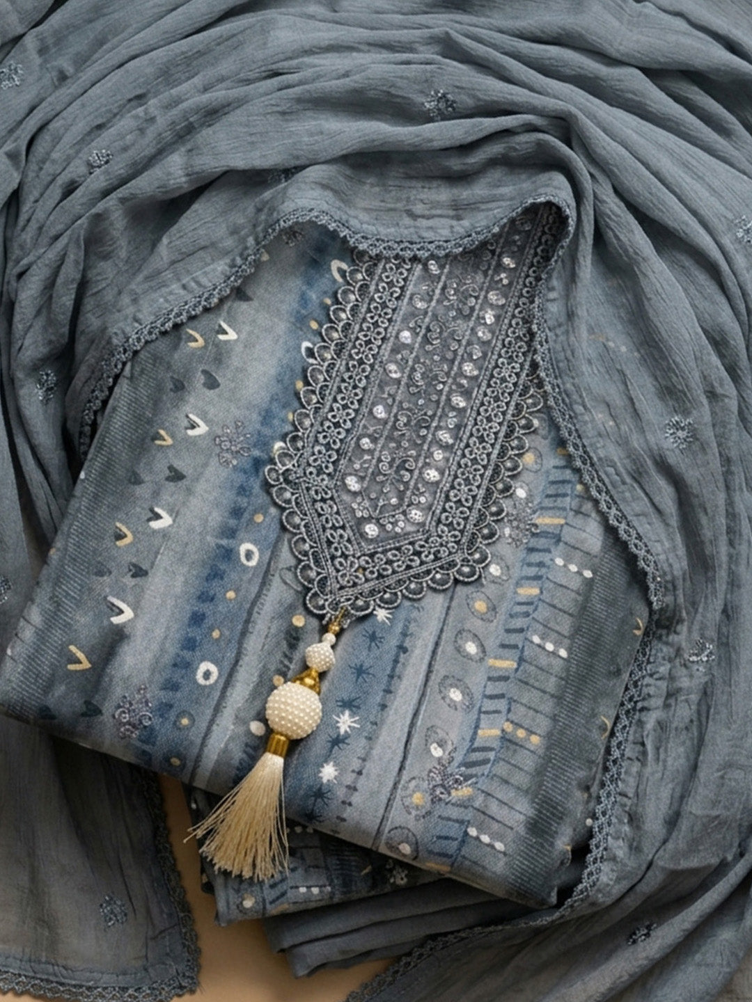 Grey Embroidered Cotton Blend Unstitched Suit &amp; Pant With Cotton Dupatta