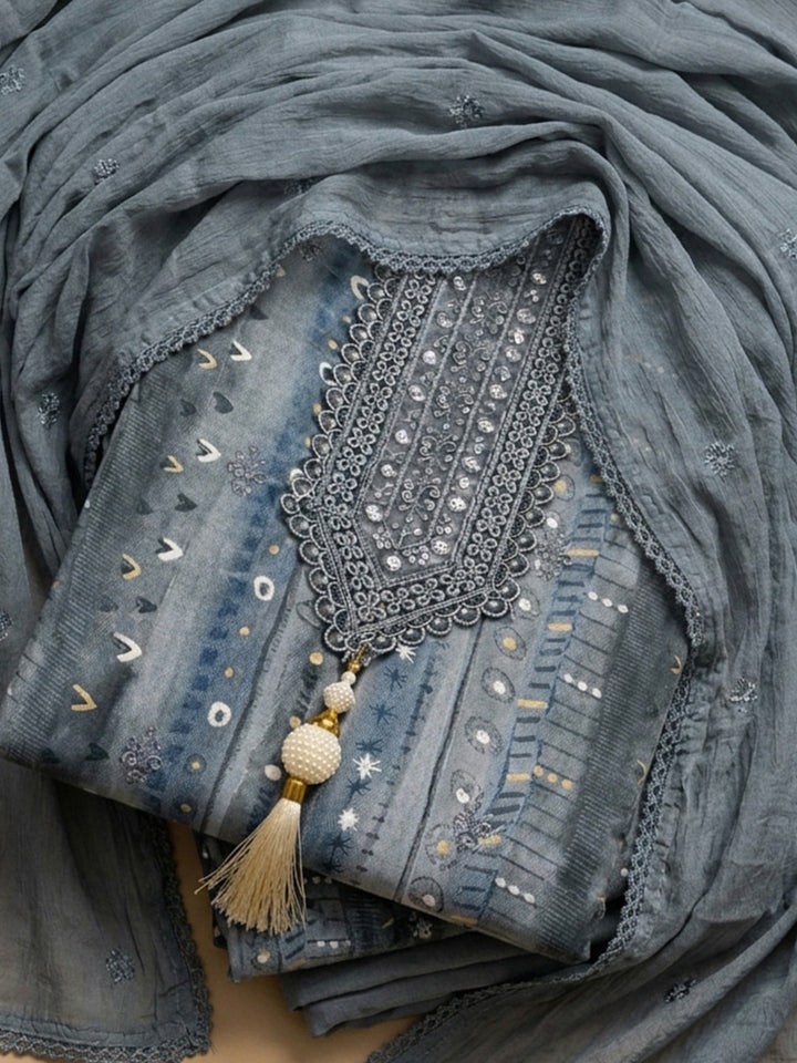 Grey Embroidered Cotton Blend Unstitched Suit &amp; Pant With Cotton Dupatta